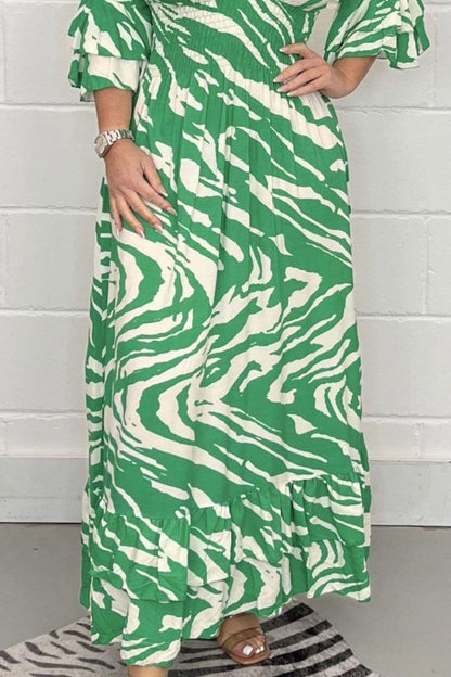 Smocked Printed Flounce Sleeve Maxi Dress.