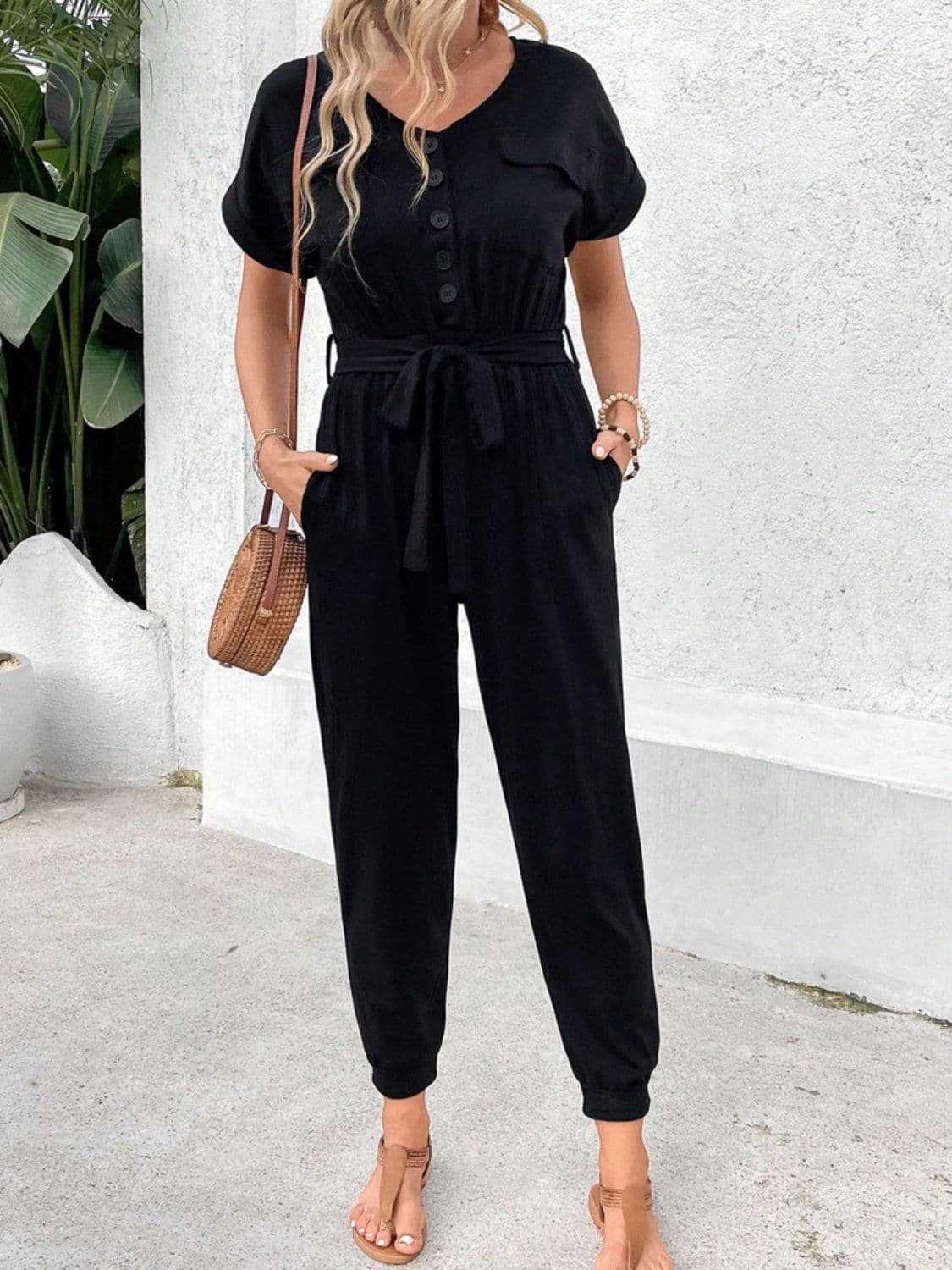 V-Neck Short Sleeve Jumpsuit.