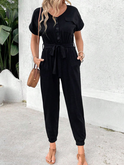 V-Neck Short Sleeve Jumpsuit.