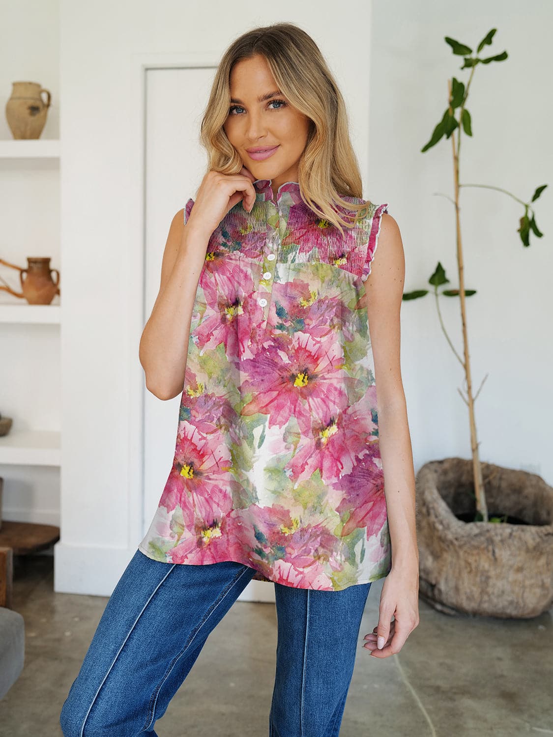 Frill Printed Mock Neck Top.