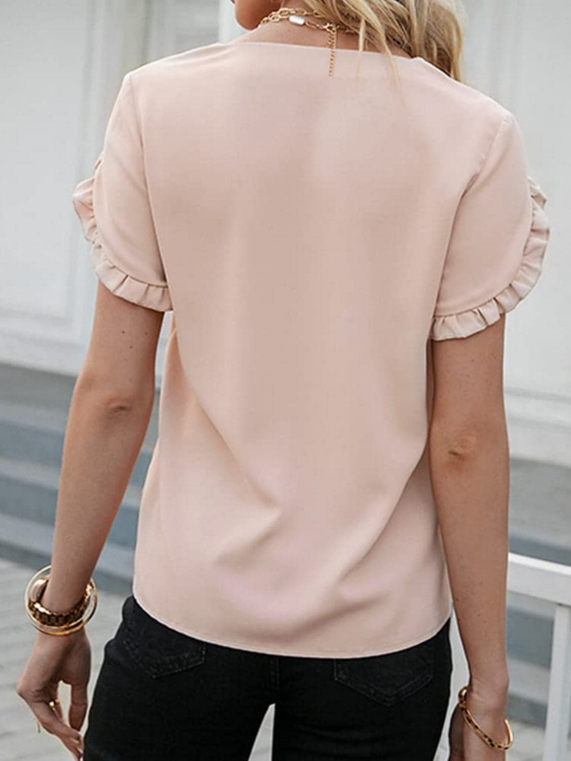 Frill V-Neck Short Sleeve Blouse.