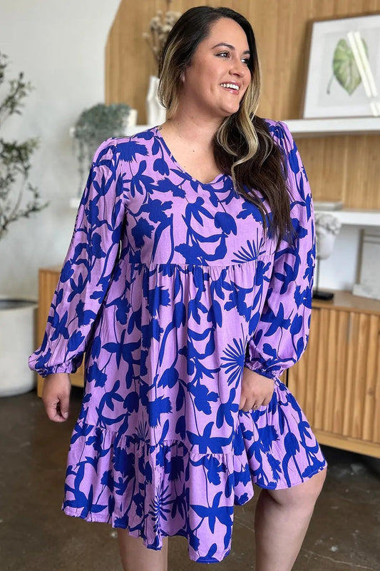 Double Take Full Size Printed Ruffle Hem Long Sleeve Dress - Love Salve