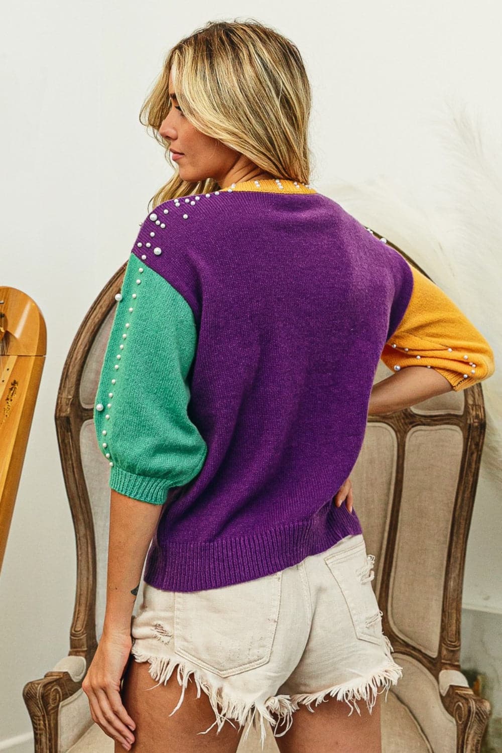 BiBi Color Block Pearl Detail Round Neck Sweater.