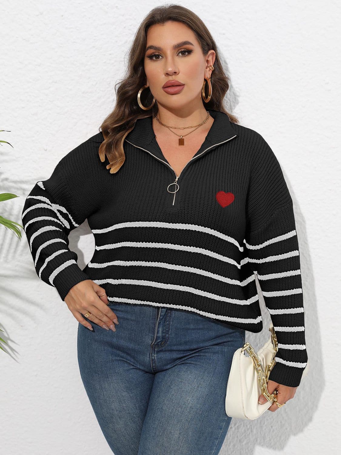 Plus Size Zip-Up Striped Sweater.