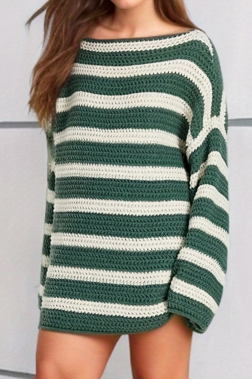 Striped Round Neck Dropped Shoulder Sweater.