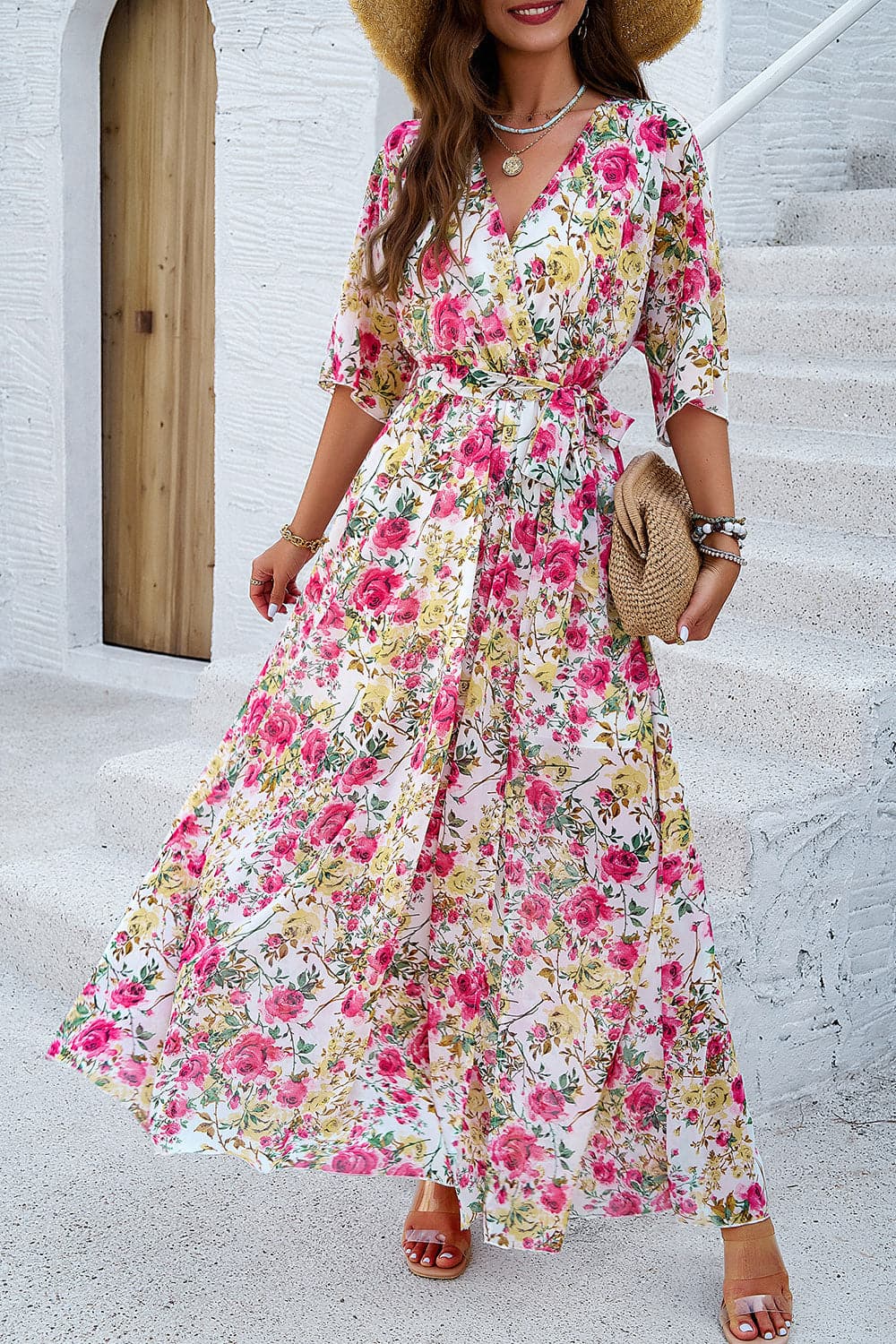 Printed Tied Half Sleeve Slit Dress.