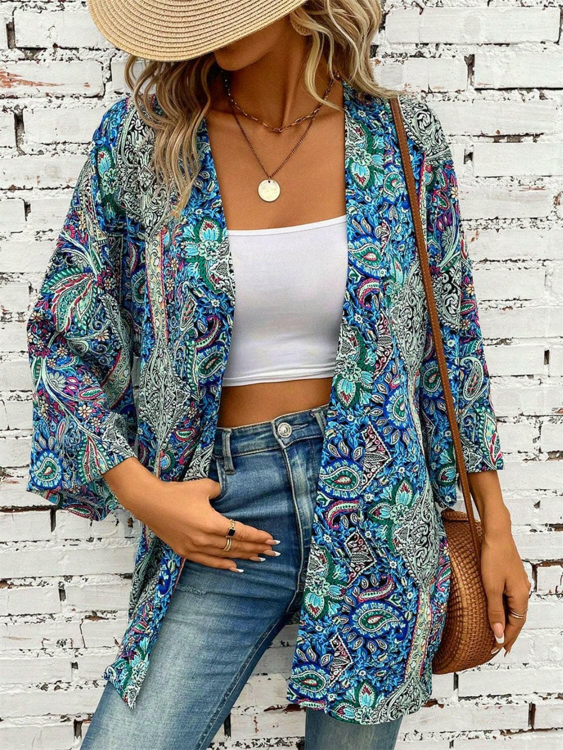 Printed Open Front Three-Quarter Sleeve Cover Up.