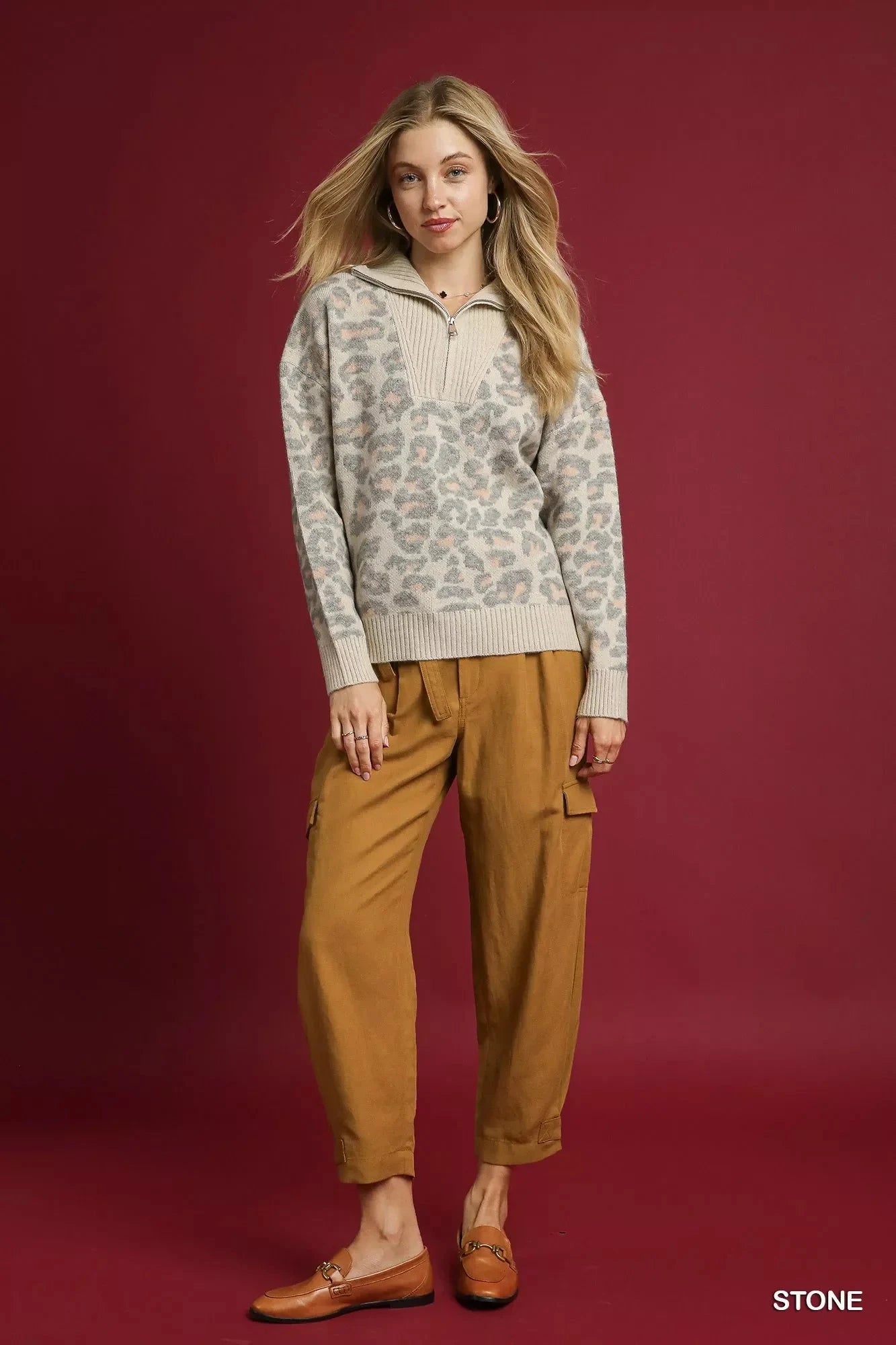 Umgee Leopard Print Quarter-Zip Knit Sweater Coco’s Tee Boutique