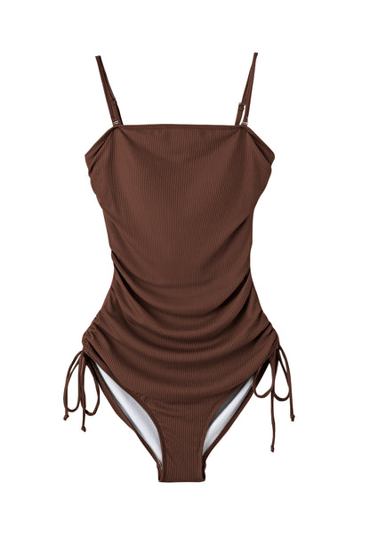 Coffee ribbed cutout monokini with adjustable drawstring sides