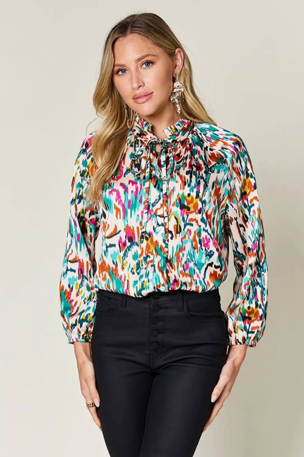 Double Take Full Size Printed Button Up Long Sleeve Shirt - Love Salve