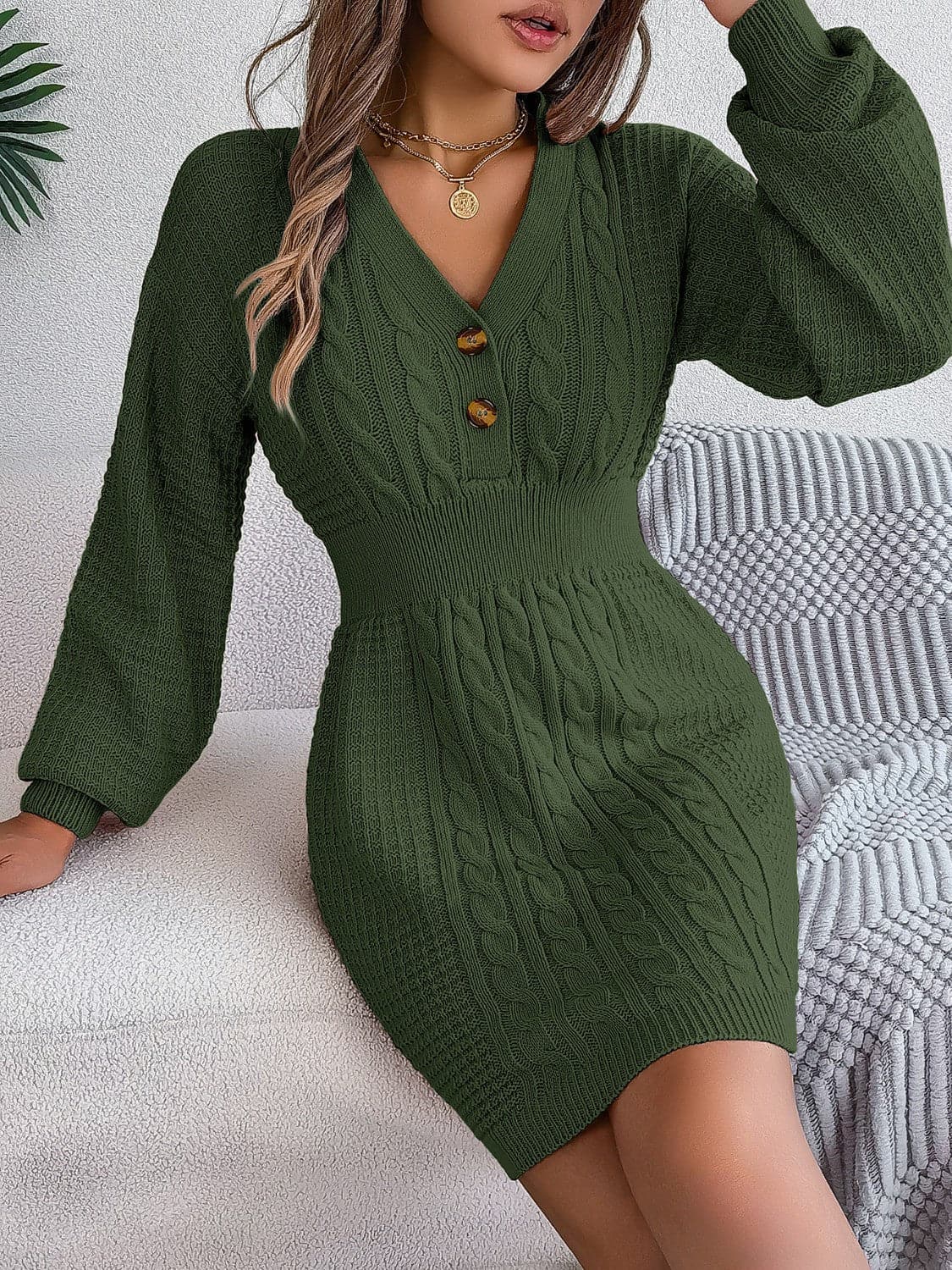 Buttoned Cable-Knit V-Neck Sweater Dress.