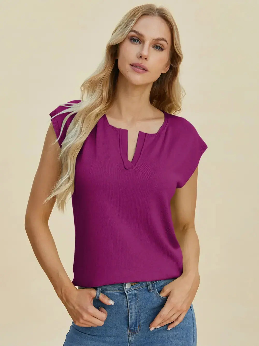 Double Take Full Size Notched Cap Sleeve Knit Top - Love Salve