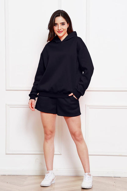 Drop Shoulder Long Sleeve Hoodie and Shorts Set.