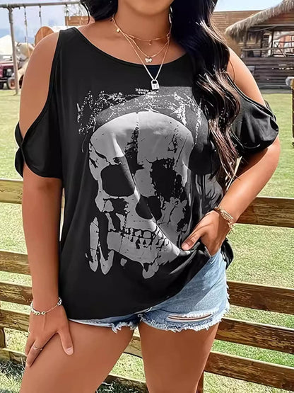 Stylish plus size skeleton cold shoulder tee for casual flair