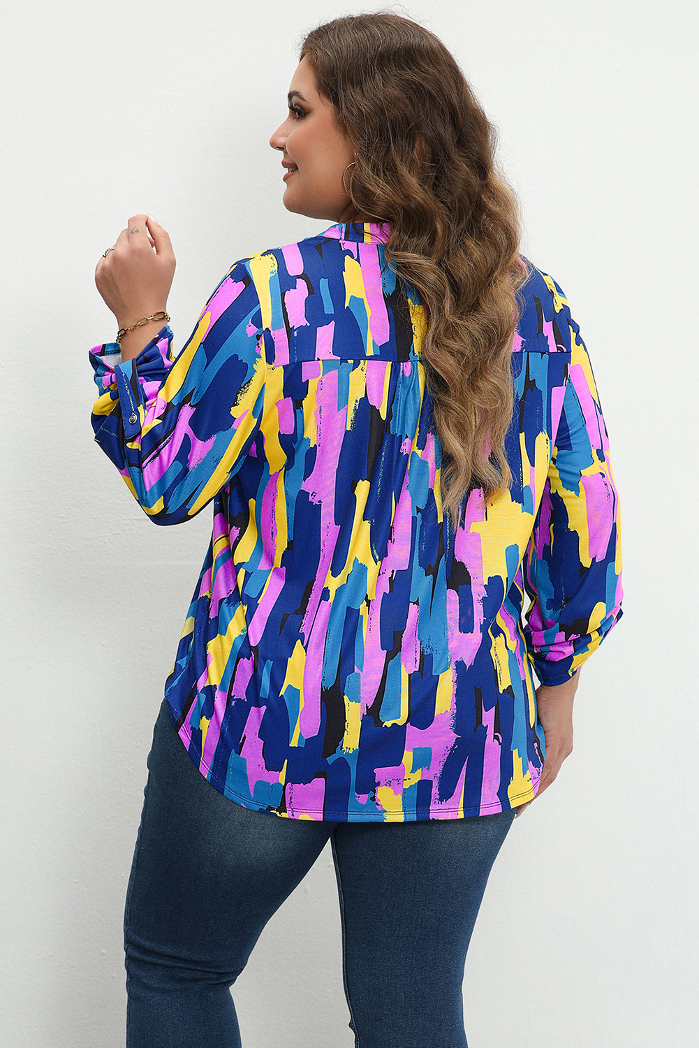 Chic blue plus size brushstroke print blouse with 3/4 sleeves