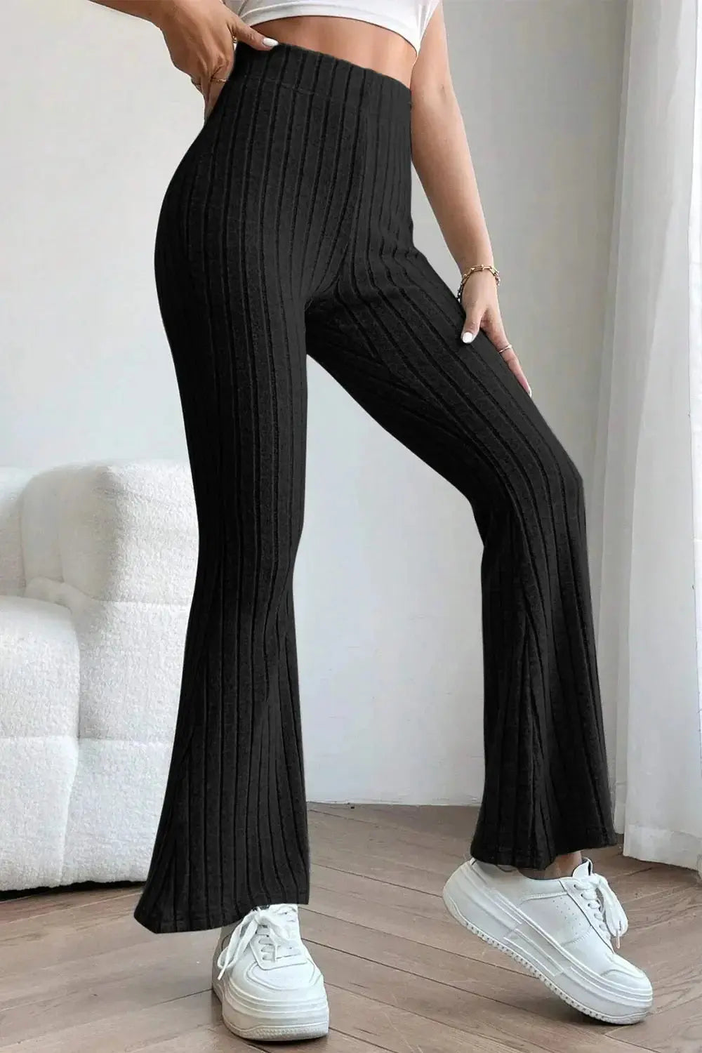 Basic Bae Full Size Ribbed High Waist Flare Pants - Love Salve