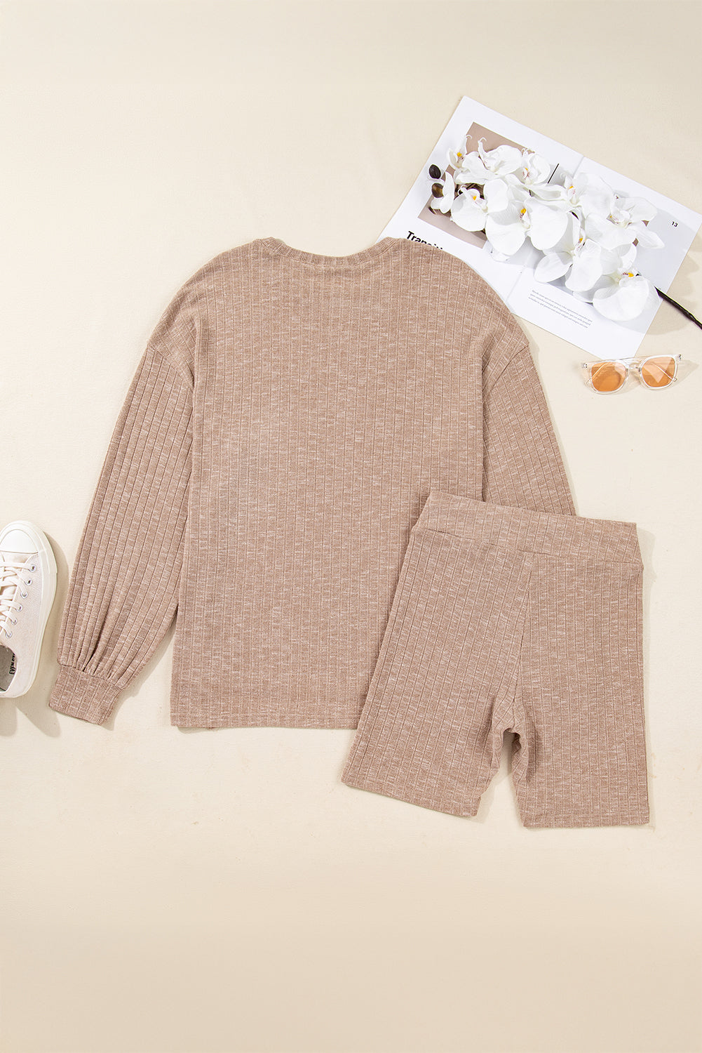 Dark Khaki Ribbed Balloon Sleeve Pullover Top and Biker Knitted Short Set Dear-Lover Dropshipping