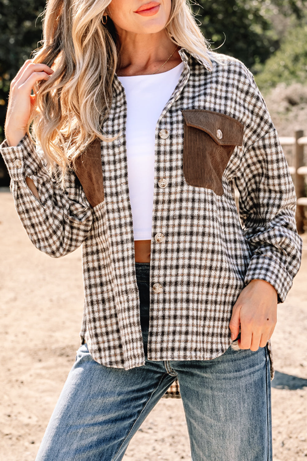 Casual Corduroy Shacket Patchwork Plaid With Flap Pockets Dear-Lover Dropshipping