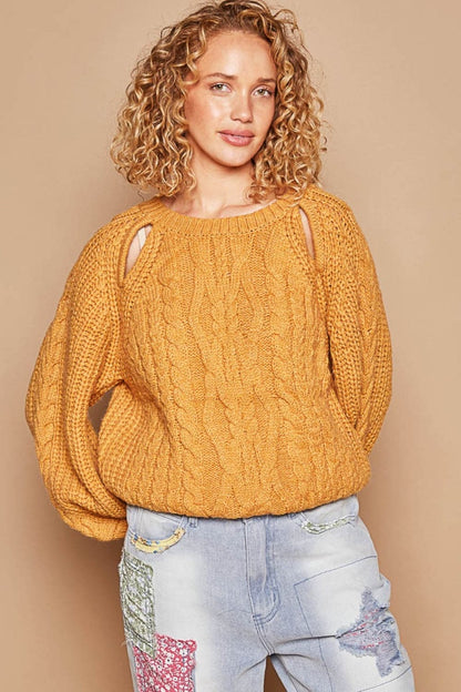 POL Cable Knit Cutout Long Sleeve Sweater.