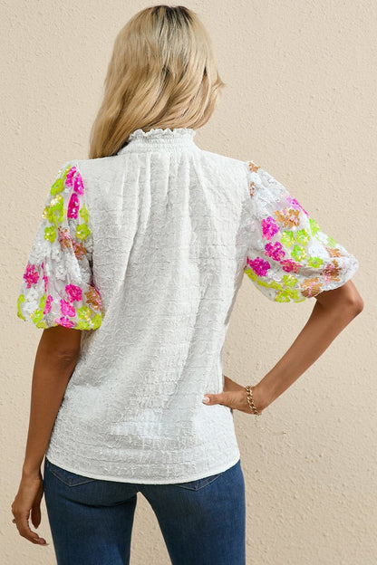 Sequin Flower Mock Neck Half Sleeve Blouse.