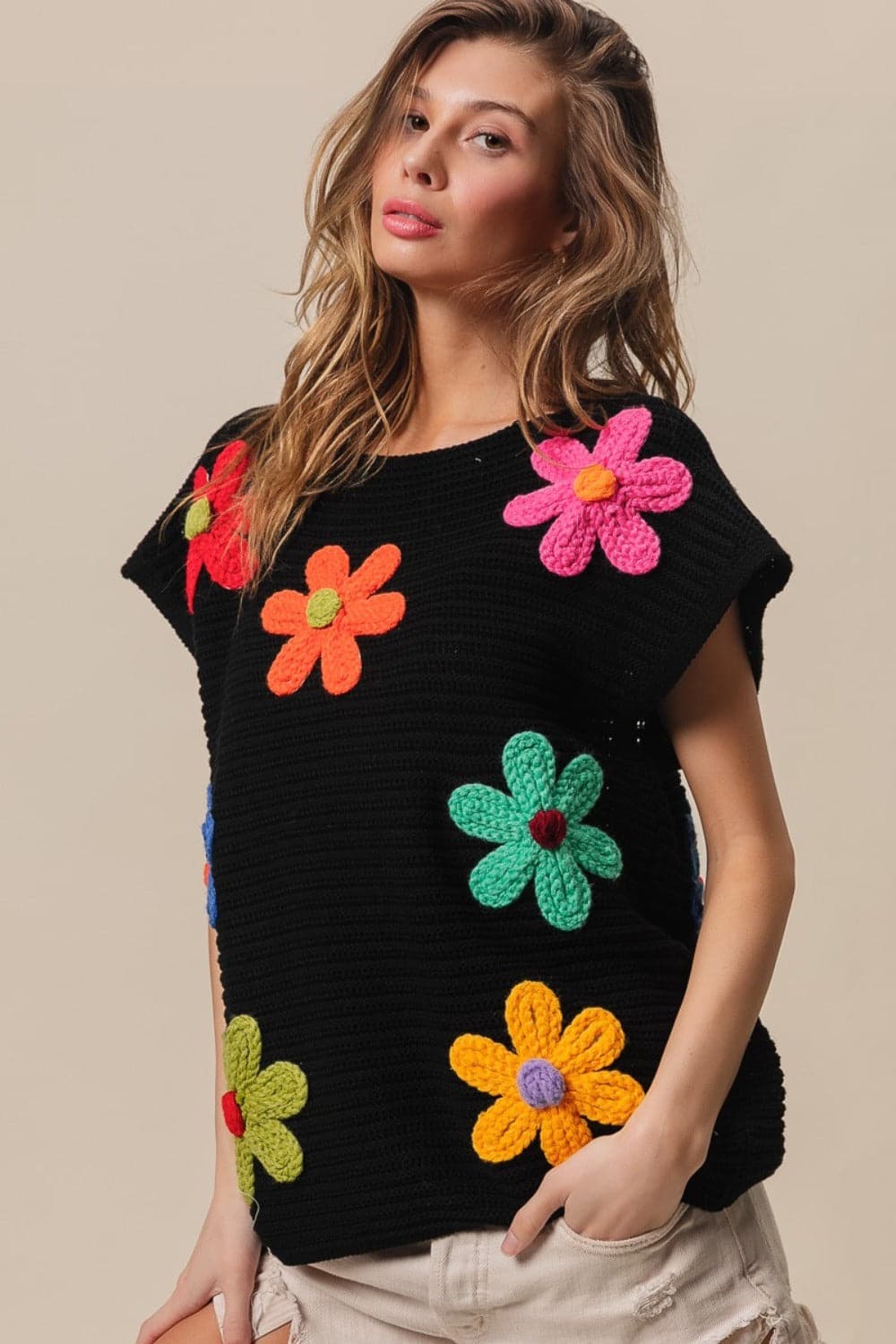 BiBi Flower Round Neck Cap Sleeve Knit Top.