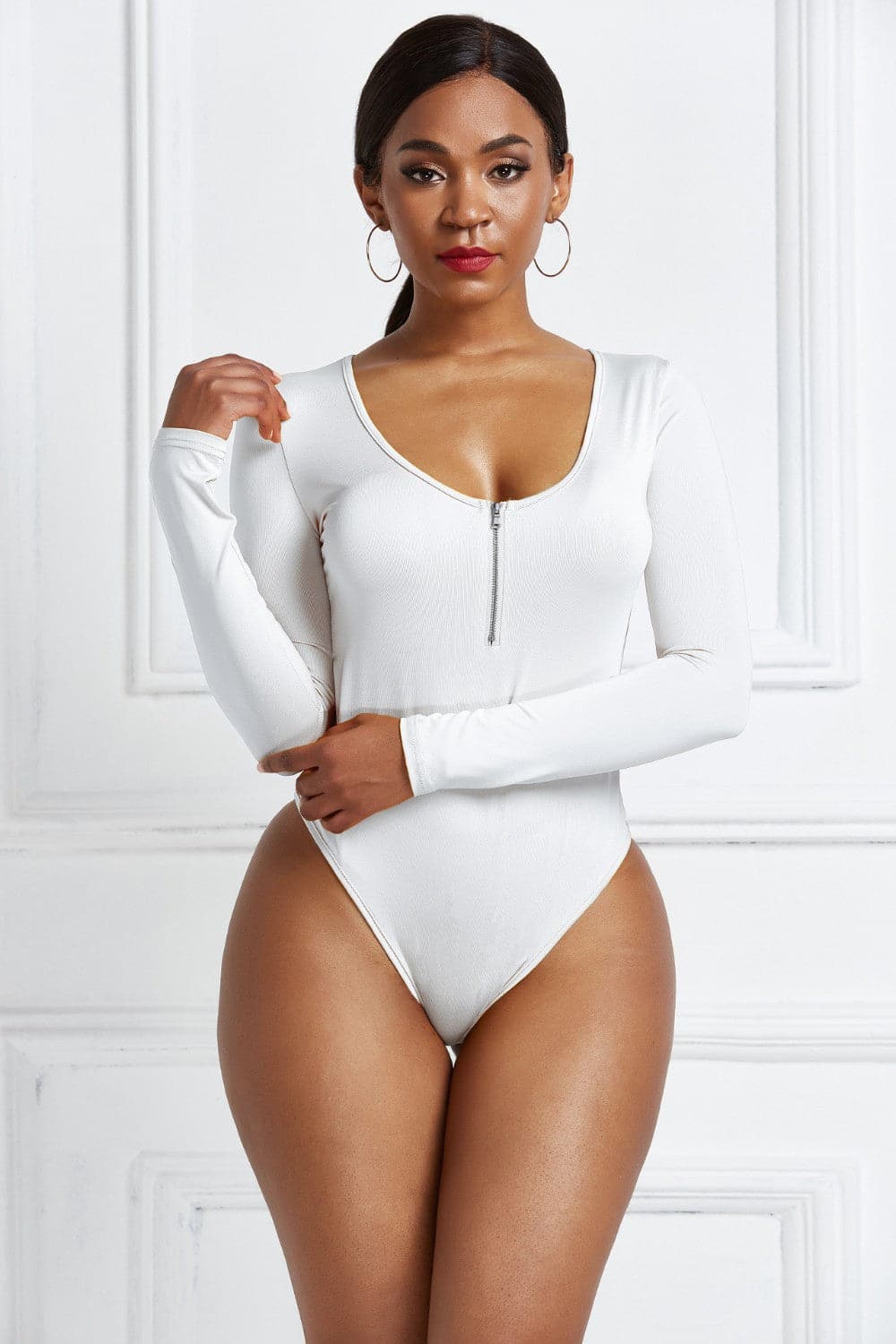 Half Zip Scoop Neck Long Sleeve Bodysuit.