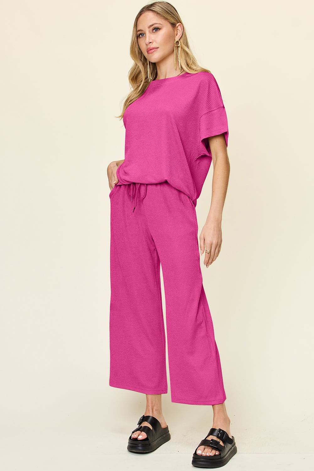 Double Take Full Size Texture Round Neck Short Sleeve T-Shirt and Wide Leg Pants.