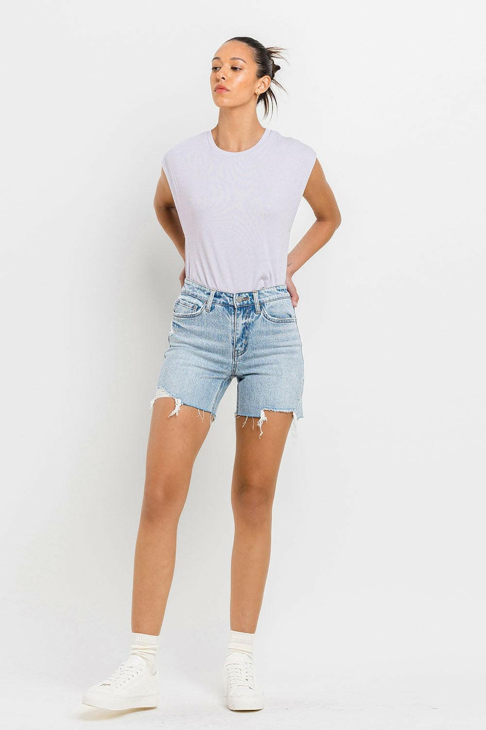 Vervet by Flying Monkey High Rise Denim ShortsElevate Your Wardrobe with Vervet by Flying Monkey High Rise Denim Shorts
 Step into summer with confidence and style in the Vervet by Flying Monkey High Rise Denim Love Salve Flying Monkey High Rise Denim Shortsjust arrived