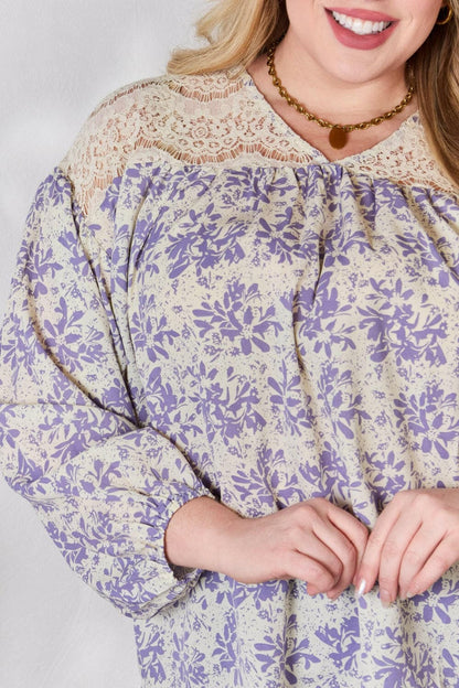 Hailey & Co Full Size Lace Detail Printed BlouseExperience Elegance and Style
 The Hailey &amp; Co Full Size Lace Detail Printed Blouse is the perfect combination of delicate lace accents and vibrant prints, makinLove Salve Full Size Lace Detail Printed BlouseBlouses