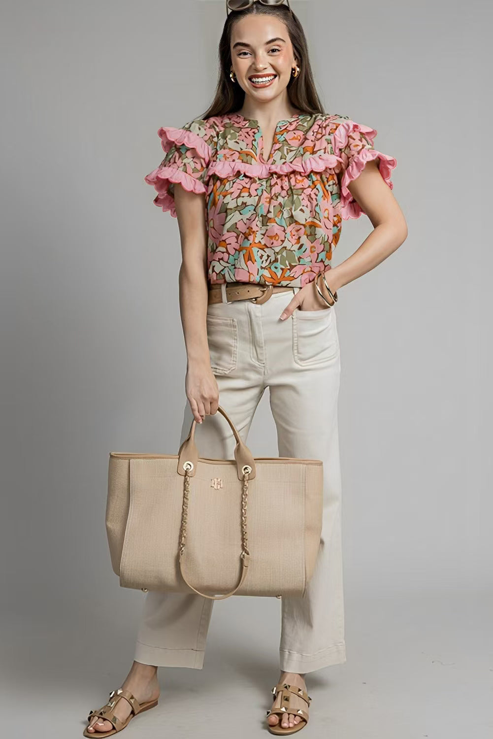 Multicolour Floral Tiered Ruffled Short Sleeve Blouse for Women