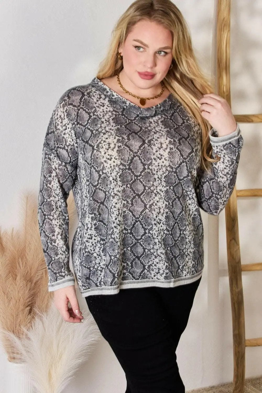 Hailey & Co Full Size Snakeskin V-Neck Long Sleeve Top - Love Salve 