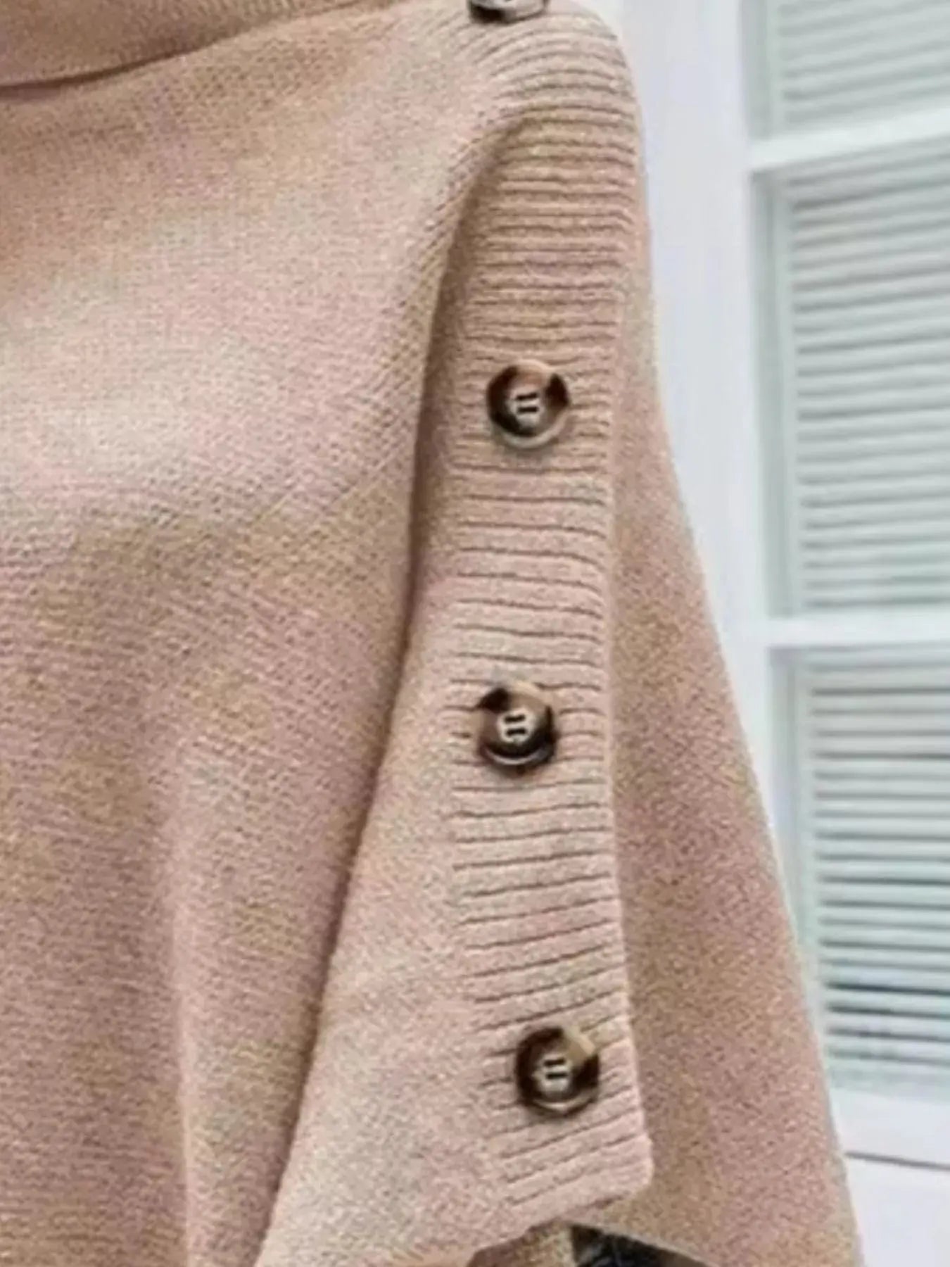 Button-Decor Turtleneck Poncho Pullover Simply Love