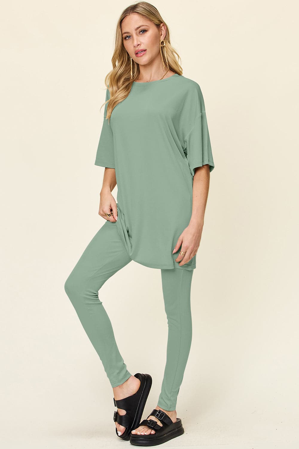 Double Take Full Size Round Neck Dropped Shoulder T-Shirt and Leggings Set.