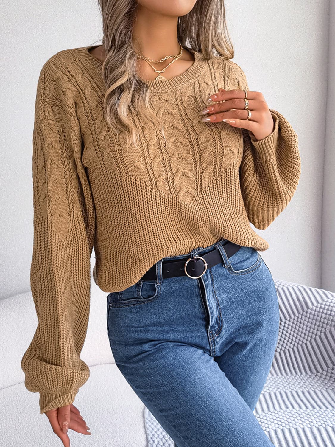 Cable-Knit Round Neck Drop Shoulder Sweater.