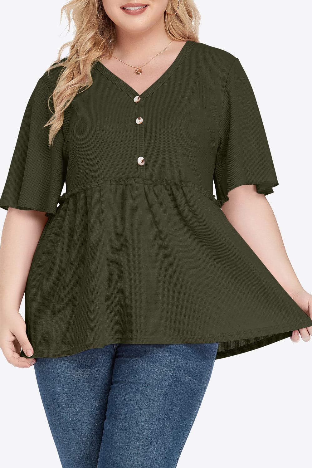 Plus Size Buttoned V-Neck Frill Trim Babydoll Blouse.