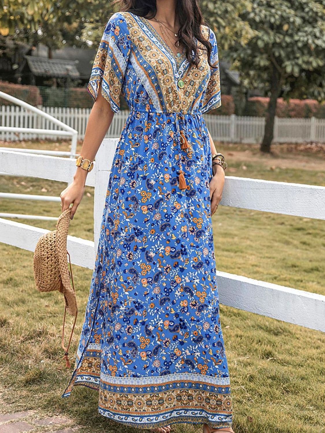 Slit Printed V-Neck Half Sleeve Maxi Dress.