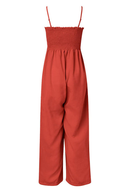 Smocked Spaghetti Strap Wide Leg Jumpsuit.