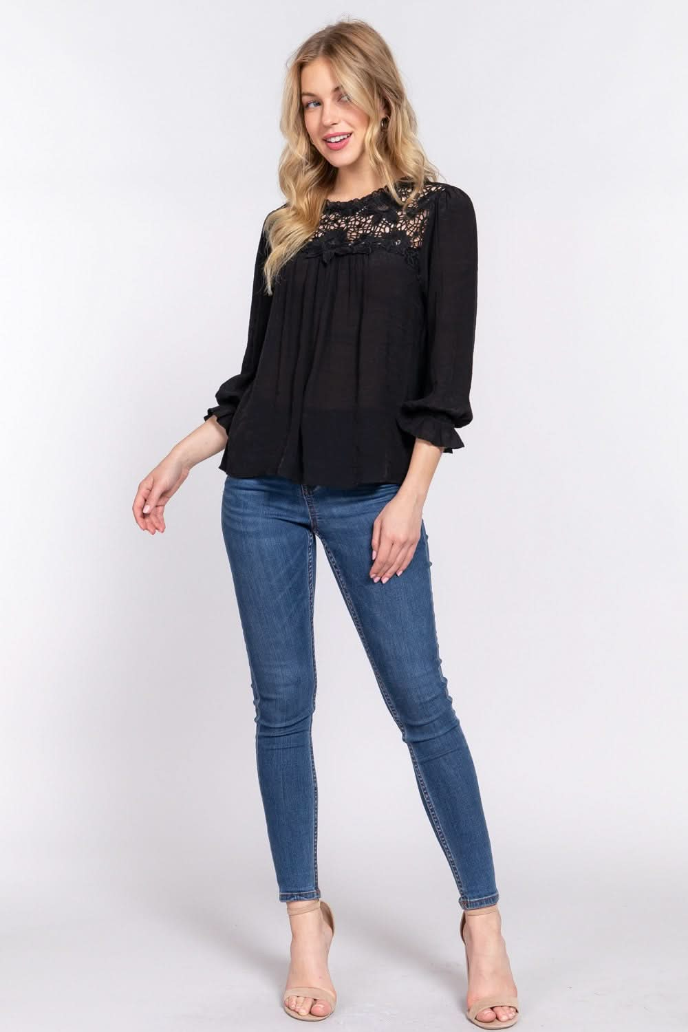 ACTIVE BASIC Crochet Lace Panel Flounce Sleeve Blouse