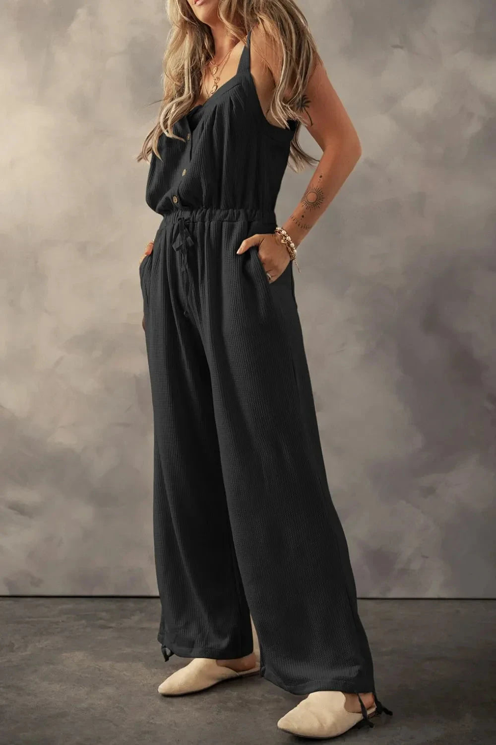 Knotted Straps Button Textured Drawstring Jumpsuit Simply Love