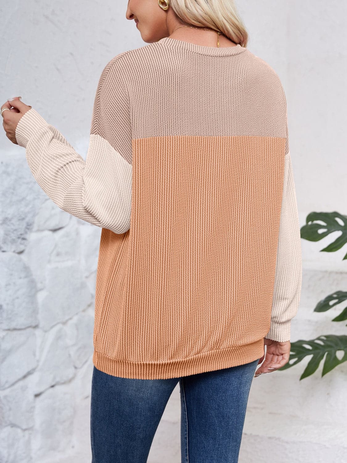 Color Block Round Neck Long Sleeve Sweatshirt.