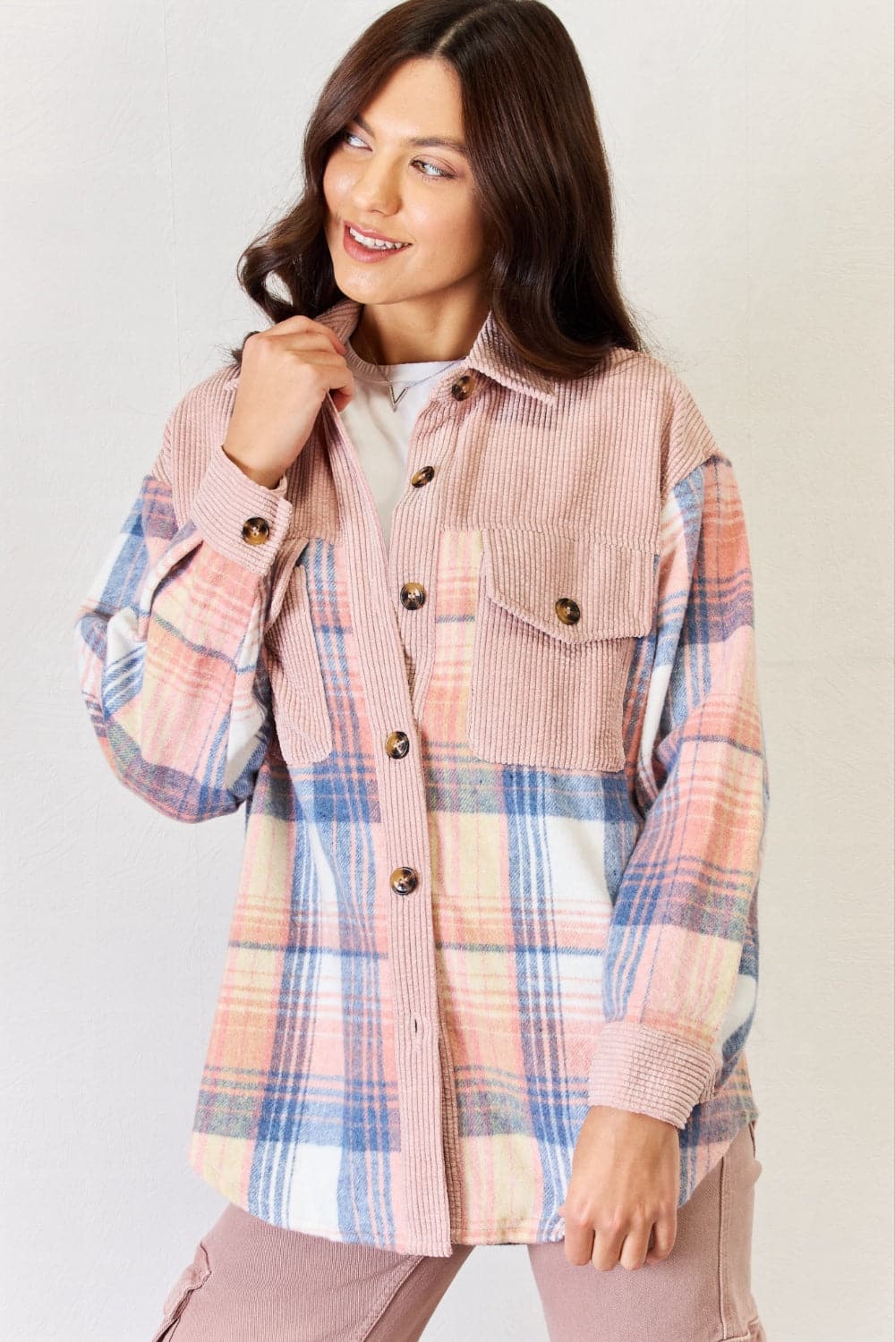 J.NNA Plaid Colorblock Button Down Jacket.