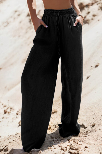 Chic black drawstring wide leg denim trousers with high waist design