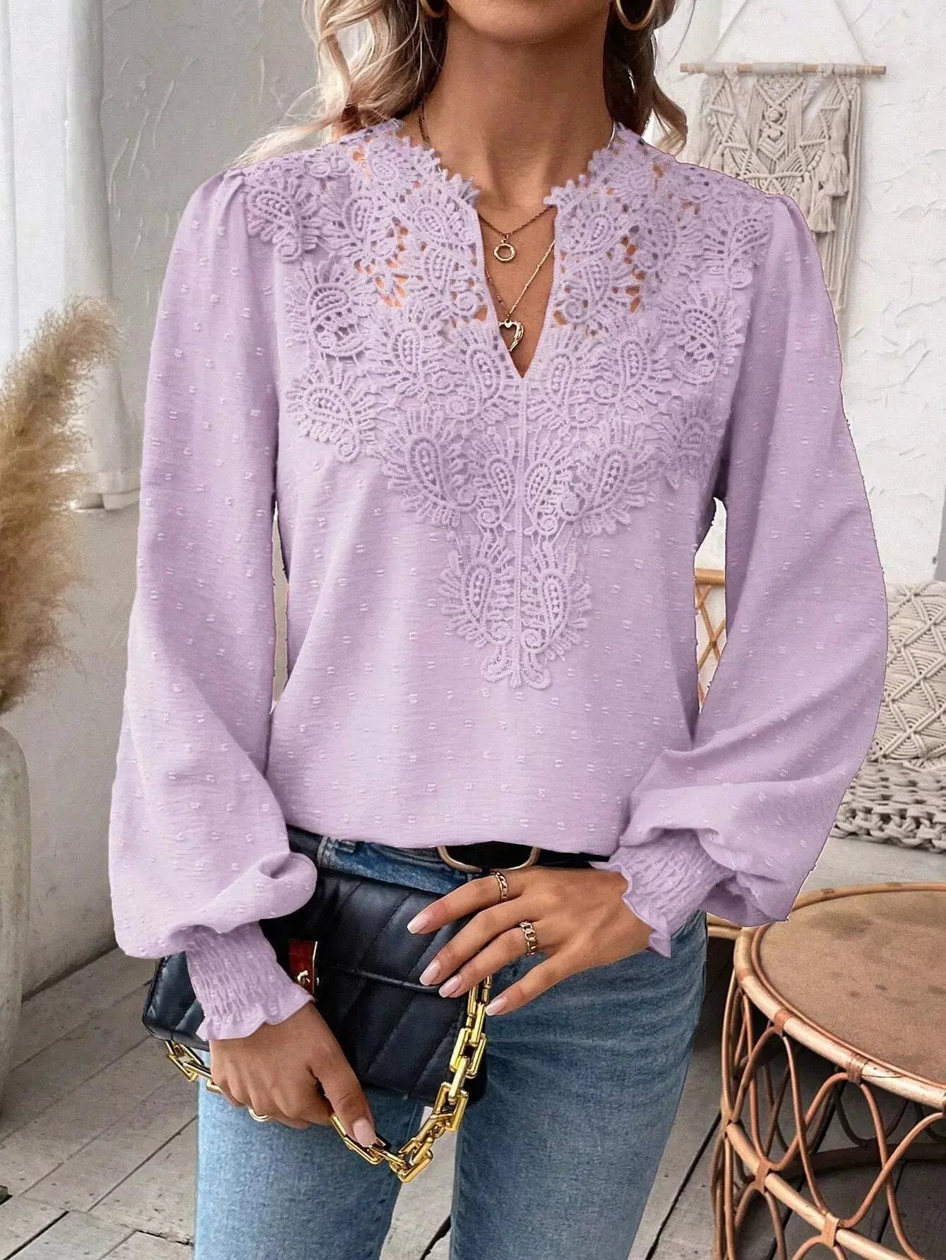Lace Trim Long Sleeve Blouse Simply Love