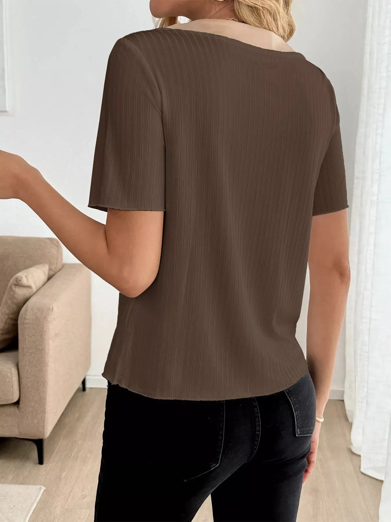 Decor Button Round Neck Short Sleeve Blouse Simply Love