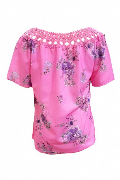 Full Size Printed Tie Neck Short Sleeve Blouse.