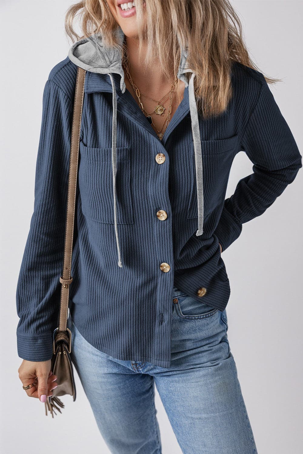 Drawstring Button Up Long Sleeve Hooded Jacket.