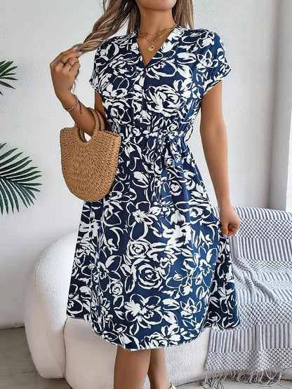 Printed V-Neck Short Sleeve Dress.