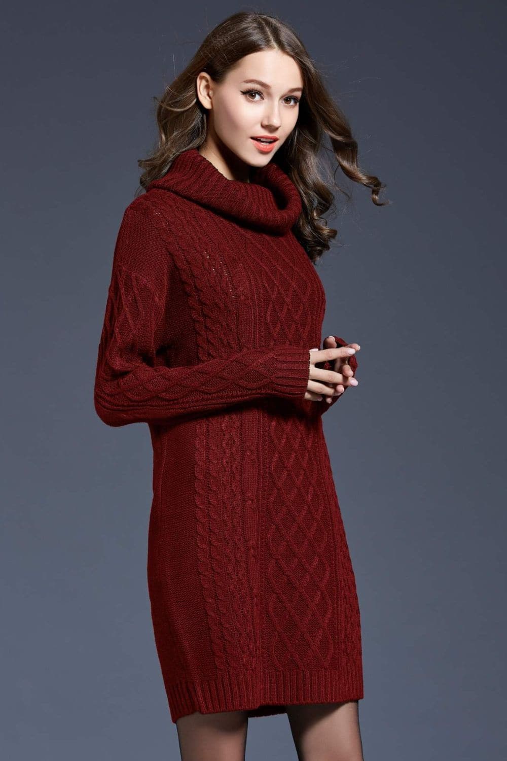 Woven Right Full Size Mixed Knit Cowl Neck Dropped Shoulder Sweater Dress.