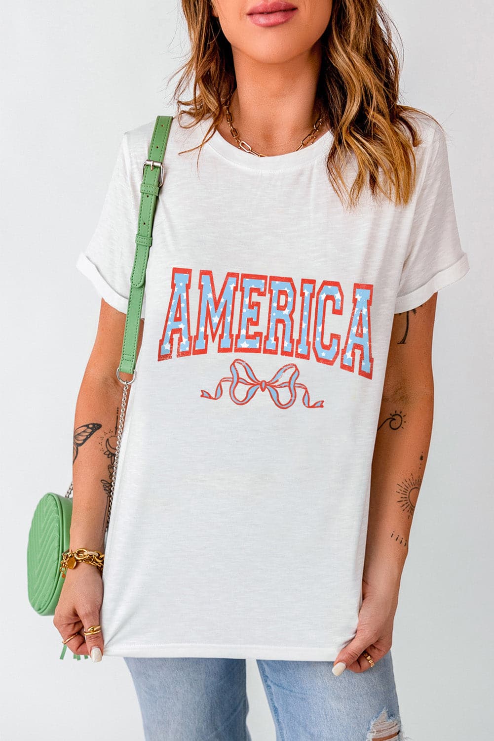 AMERICA Round Neck Short Sleeve T-Shirt.