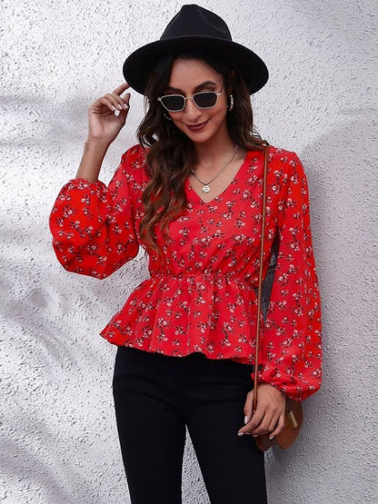 Ruched Printed V-Neck Long Sleeve Blouse.